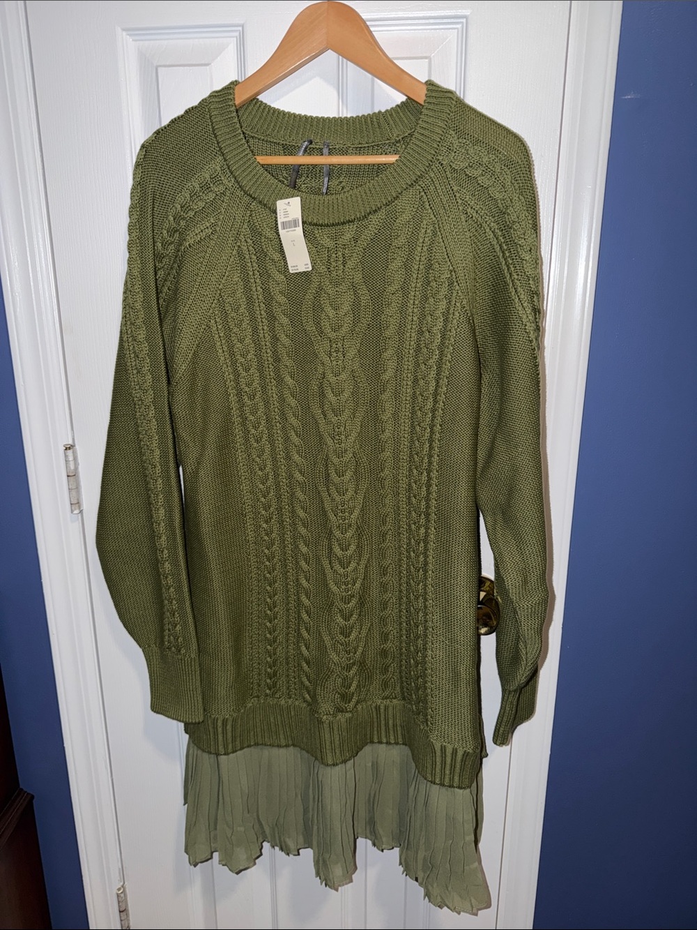 Anthropologie Olive Green Cable Knit Sweater with Chiffon Hem